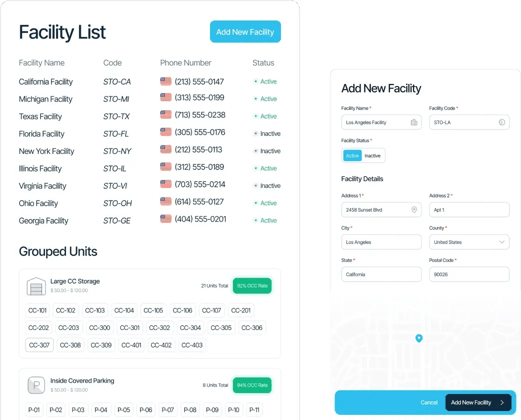 QuikStor facility list and Add New Facility modal