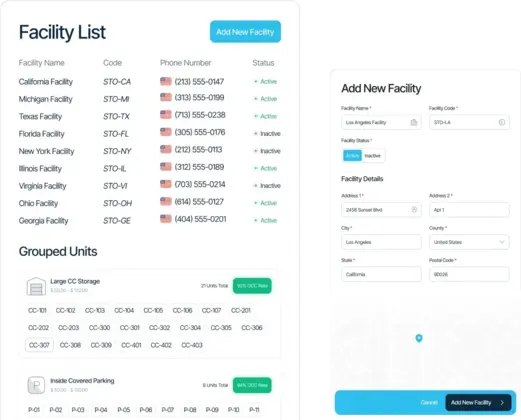 QuikStor facility list and Add New Facility modal