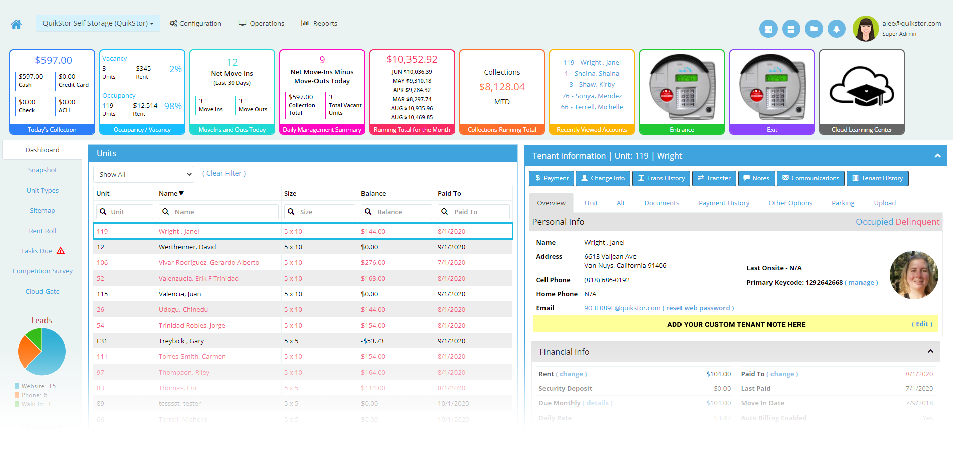 quikstor cloud self-storage management software at-a-glance dashboard