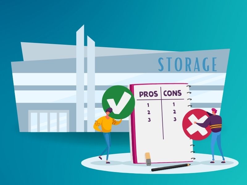 cartoon man woman listing pros cons of owning a storage facility