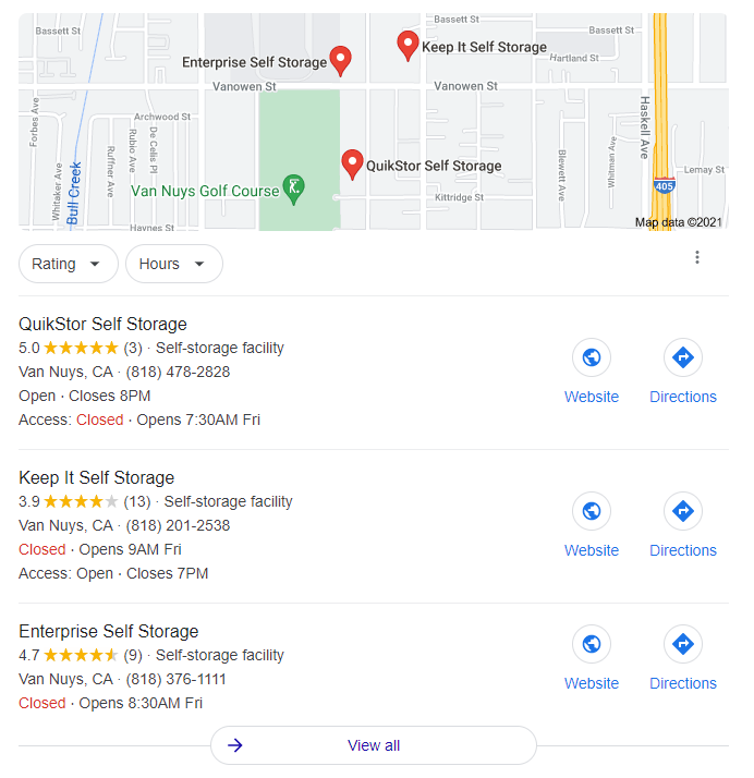 google maps results showing storage facilities in van nuys, ca