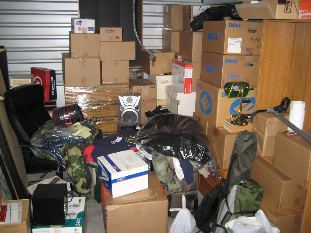 Storage unit filled with various household items and boxes