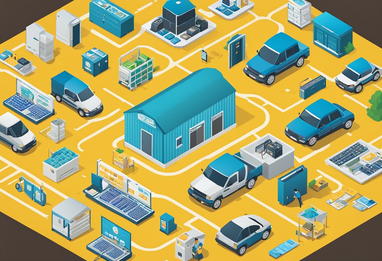 A group of state self storage association logos surrounded by various operational tools and resources, such as keypads, locks, and security cameras