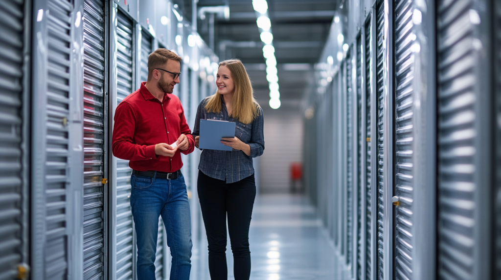 man and woman stand in the hall of a storage unit
